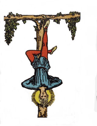 Tarot Hanged Man a male suspended upside donw from a t-shaped branch.