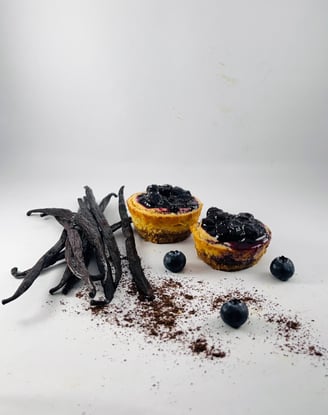 a dessert with vanilla cream and blueberries