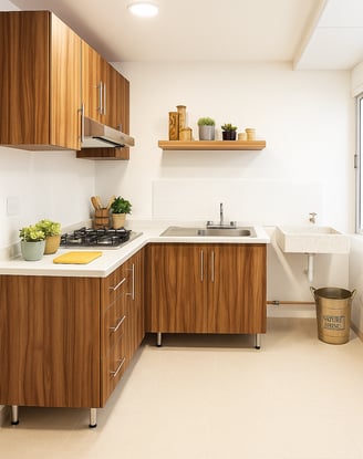 Cocina integral de departamento muestra con gabinetes de madera, estufa, tarja de acero inoxidable