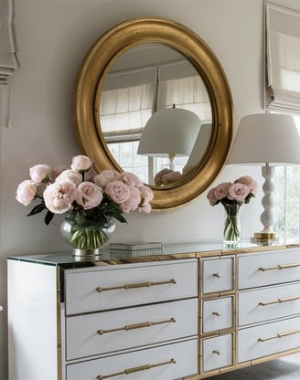 a bedroom with a large mirror and a large mirror