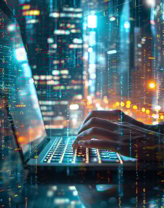 a matrix where fingers working on laptop