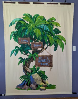 6-foot by 5-foot linen canvas tapestry mural of a lush jungle tree in greens and blues,, with signs and painted names.
