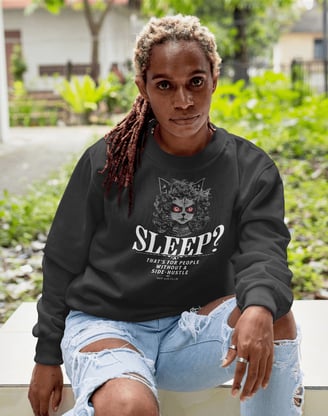 vivid calm designs, side gig club, Sleepless Hustle: No Sleep, Just Side Gigs, black cat