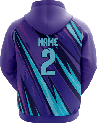 Sports hoodie 3D mockup #6 back – Purple/Teal sublimation on premium polyester fabric | Realm Hawk