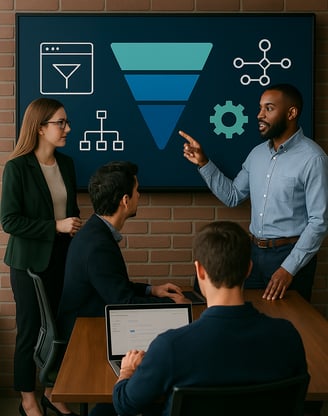 a man and woman in business attire standing in front of a presentation board