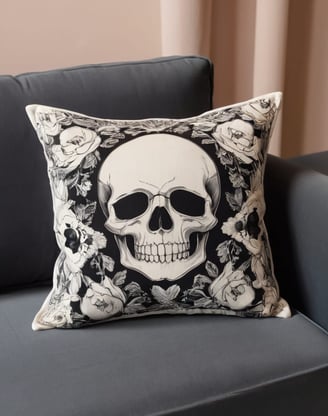 Almofadas com estampas de caveira dispostas em um sofá confortável