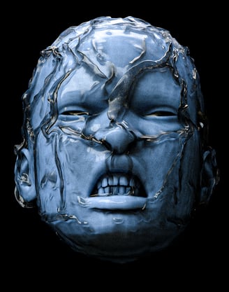 3D rendered blue face with a mask made of glass