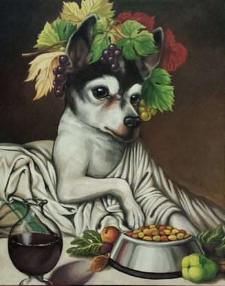 A small white dog with black markings on its face reclines while dressed as Bacchus, god of wine.