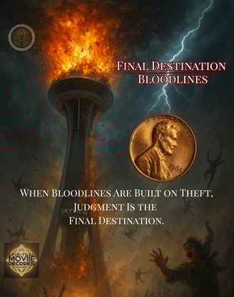 A dramatic digital illustration shows a massive tower resembling the Seattle Space Needle exploding in flames, with lightning