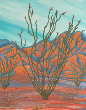 Acrylic painting of three Ocotillo cactus in front of a mountain depicted in orange and blue shapes