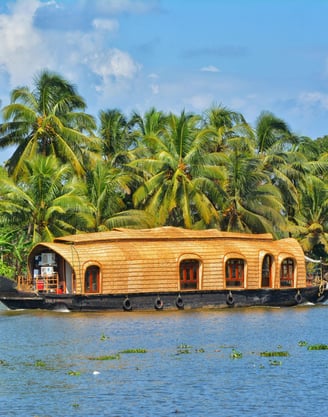 Luxury houseboat cruising through Kerala’s serene backwaters near Alleppey.