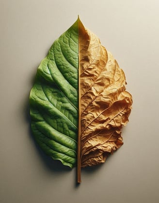 Una hoja de tabaco cuya mitad izquierda está verde y la mitad derecha es el aspecto de la hoja después del proceso de secado.