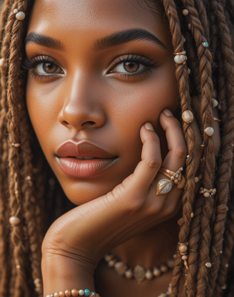 a woman with braid hair and a pearl necklace
