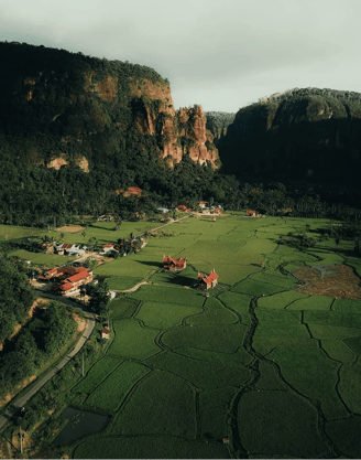 Scenic view of The Harau Valley with steep granite cliffs, lush green rice fields, and blue skies in West Sumatra, Indonesia.