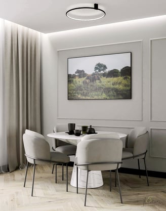 a dining room with a table and chairs