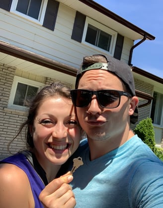 Nicola and Ben, the founders of Path2Own, celebrating as they purchase their first home together,.