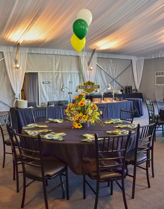 a table with green, yellow and white balloons and sunflowers and Green Bay Packers napkins