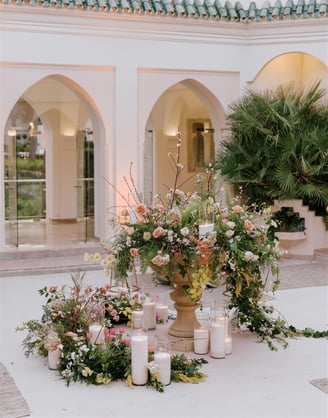Outdoor dining area at Villa El Rincon in Marbella, with beautiful decorations for a Mediterranean destination wedding.