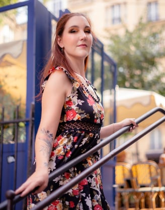 a woman in a floral dress in Montmartre
