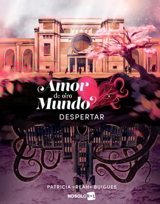 Ilustracion de una universidad con un cerezo y su versión oscura invertida. Portada del la aventura