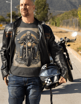 Caveira motociclista em destaque, representando a atitude rebelde do streetwear Cavérik.