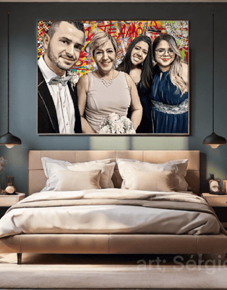 quarto com um grande quadro retratando todos os membros da família em um retrato art