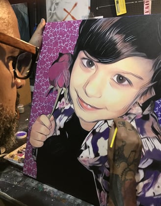 Pintura de rosto em quadro, destacando a técnica detalhada de sombreamento e cor.