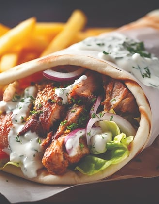 Generous portion of grilled chicken wrapped with fresh salad in soft pita bread