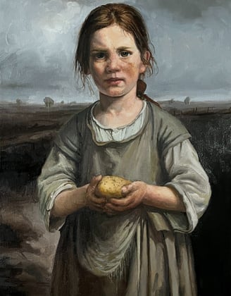 11X14" "Potato Girl" Oil painting of young poor female holding potato 