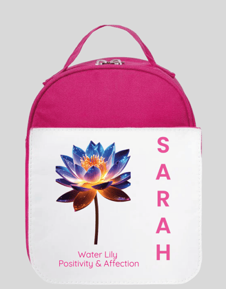 pink personalised birth flower lunch bag for kids