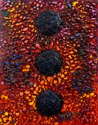 an encaustic painting of a raised dots on a red background