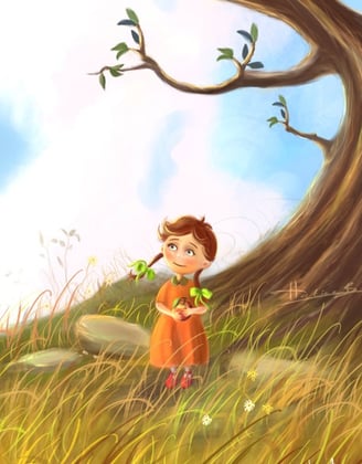 cute cartoon girl standing under an apple tree, holding an apple, surrounded by soft summer grass