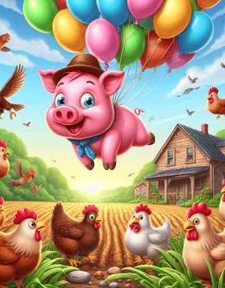 a pink piggy flying through the air with balloons