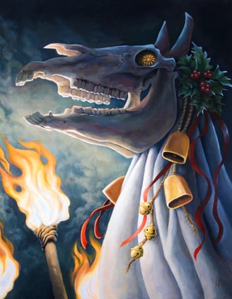 The Mari Lwyd, a horse skull and shroud adorned with bells, ribbons and holly, is lit by torchlight.