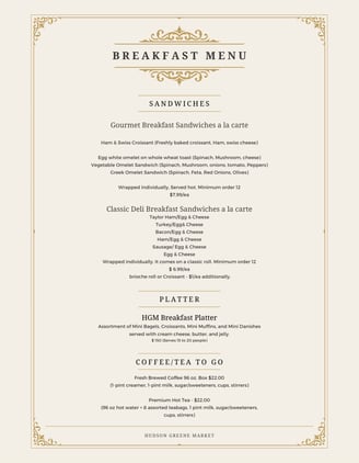 hudson greene market catering breakfast menu gourmet sandwiches omelet egg cheese bagel coffee tea