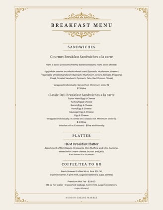 hudson greene market catering breakfast menu gourmet sandwiches omelet egg cheese bagel coffee tea