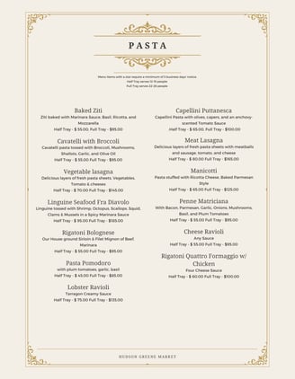hudson greene market catering pasta ziti lasagna bolognese ravioli italian
