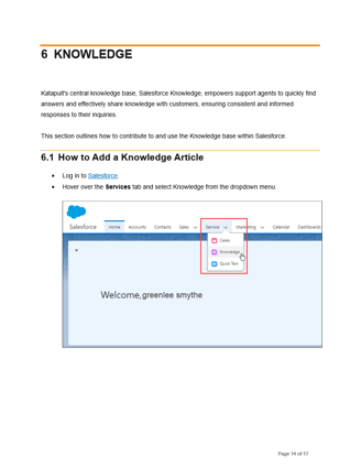 Image of user guide writing sample from Glen Cadorette:  How to Add a Knowledge Article page.