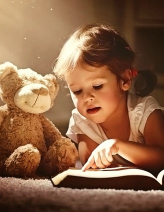 Young girl reading book with toy bear posing for a studio photography portrait