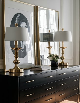 a dresser with a lamp and a lamp