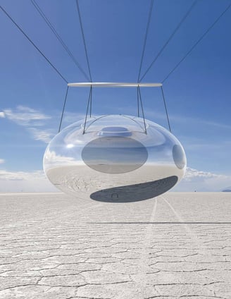 Glass pod over salt flats – Futuristic transparent capsule suspended above vast white salt desert.