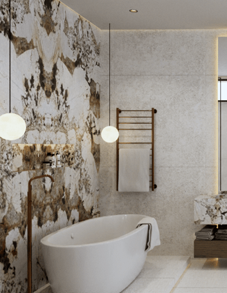 Modern bathroom with a white freestanding tub, a towel warmer and marble accents.