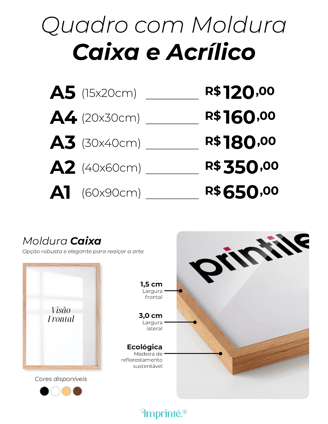 Tabela de Preços e tamanhos quadros decorativos Imprinté Artes Personalizado Pôster Placa Decorativa Quadro com moldura Caixa