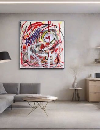 Abstrato: quadro abstrato com linhas dinâmicas e formas geométricas em tons neutros e sutis.