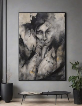 Quadro personalizado de rosto de figura em estilo pop-art com fundo abstrato.