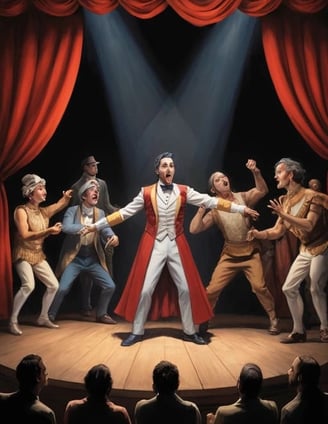 Atores em uma cena de teatro, performando no palco com figurinos de época, ilustrando o poder expres