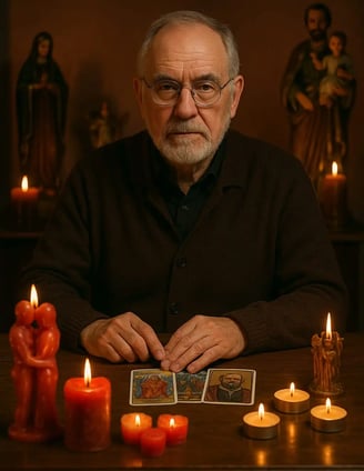 Maestro espiritual realizando una Videncia Para El Amor con velas encendidas y figuras de amarres 