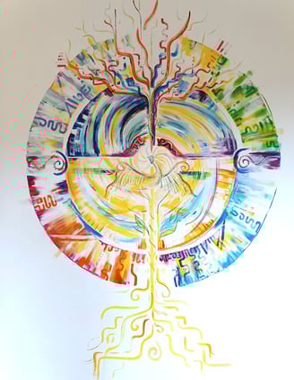 Peinture murale du portail du dragon, avec u format circulaire traversé par un arbre de vie et avec un dragon au centre