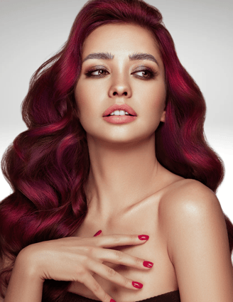 attractive woman with olive skin and burgundy hair after hair coloring