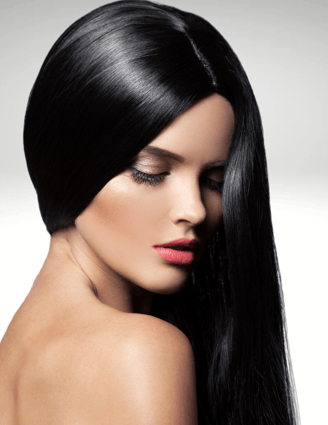 attractive woman with black, straight, shiny hair after hair relaxer